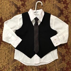Boys Size 4 Van Heusen Black Suit Vest, White Shirt and Neck Tie Set